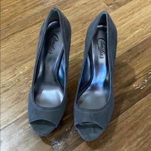 Grey suede peek toe heels